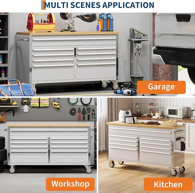 61-Inch Heavy-Duty Rolling Tool Chest & Mobile Workbench with 9 Drawers, Steel Storage Cabinet, Rubber Wood Tabletop, Key Locking System and Drawer Liners for Garage, Workshop, Repair Shop, Silver