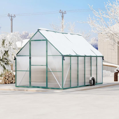 CABIHOME 8x12 FT Outdoor Greenhouse, Polycarbonate Greenhouse with Roof Vent and Ground Nails, Aluminum Large Walk-in Green House w/ Lockable Push Door for Outdoor Garden (Olive, 8x12 FT)
