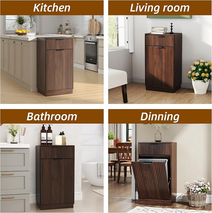 Ball & Cast 10-Gallon Tilt Out Trash Can Cabinet with Hideaway Drawer, Wooden Freestanding Garbage & Recycling Cabinet, Wave-Textured Pull-Out Bin for Kitchen, Bathroom, Living Room (Walnut)