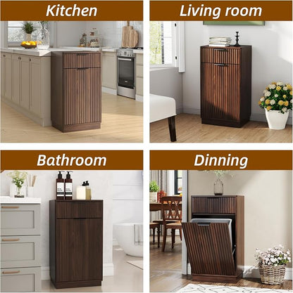 Ball & Cast 10-Gallon Tilt Out Trash Can Cabinet with Hideaway Drawer, Wooden Freestanding Garbage & Recycling Cabinet, Wave-Textured Pull-Out Bin for Kitchen, Bathroom, Living Room (Walnut)