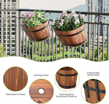 2PACK Cute Railing Planter Boxes Wood Hanging Flower Pots for Railing Fence Outdoor Balcony Planters for Wall Window Flower Box Hanging Bucket Pots Countryside plant Holder (Brown,2pcs,Small)