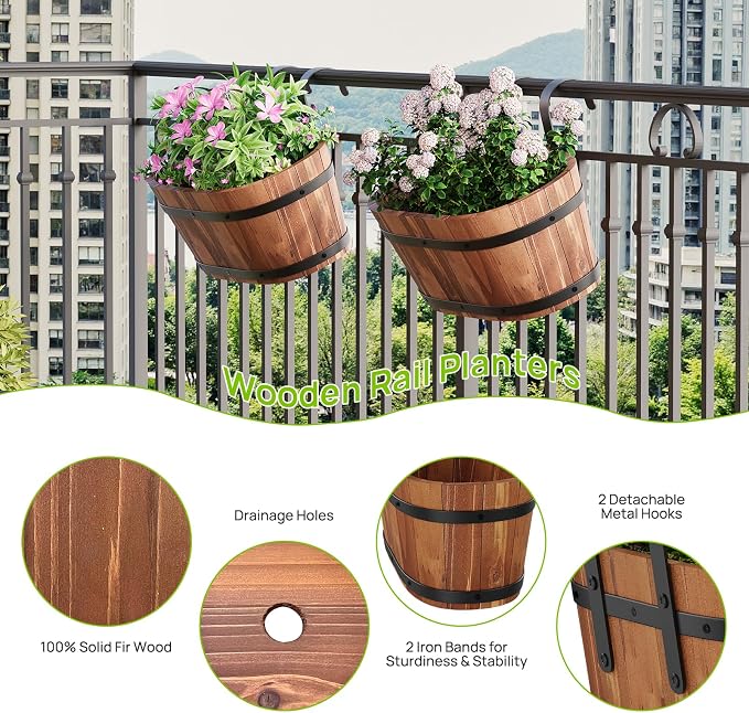 2PACK Wooden Cute Hanging Flower Pots for Railing Fence Outdoor Planter Railing Planter Boxes for Plants Wall Planters Window Flower Box Hanging Bucket Pots Countryside plant Holder (Brown,2pcs,Large)