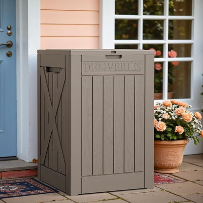 Greesum 52 Gallon Large Outdoor Package Delivery Box for Porch, Lockable Secure Double-Wall Resin Storage Box, Waterproof Deck Box for Package Protection, Light Coffee