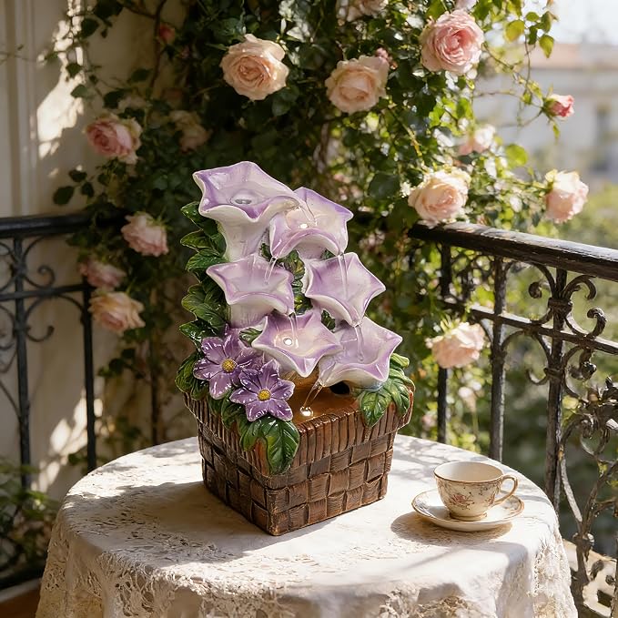 Tabletop Water Fountain Purple Water Fountains Indoor Morning Glory Themed Lavender Desk Fountain with Light for Home Heavenly Blue Zen Water Fountain for Room Relaxation Meditation(Lavender)