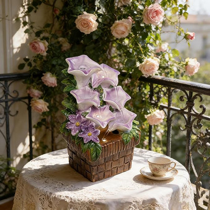 Tabletop Water Fountain Purple Water Fountains Indoor Morning Glory Themed Lavender Desk Fountain with Light for Home Heavenly Blue Zen Water Fountain for Room Relaxation Meditation(Lavender)