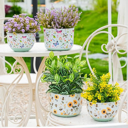 Joint Honglin Butterfly & Bee Metal Planters Set of 2 – Decorative Flower Pots with Colorful Garden Prints, Outdoor & Indoor Use Cute Spring Floral Design for Patio, Balcony, Home Decor (Bee)
