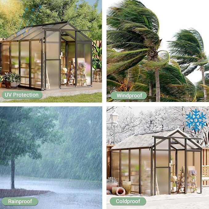 Greenhouse, 6x8 Ft Outdoor Greenhouses, Greenhouse Kit, Portablee Greenhouses with Ground Nails and Vent Windows, Sliding Lockable Door, Polycarbonate Green Houses for Outside Garden Backyard, Black