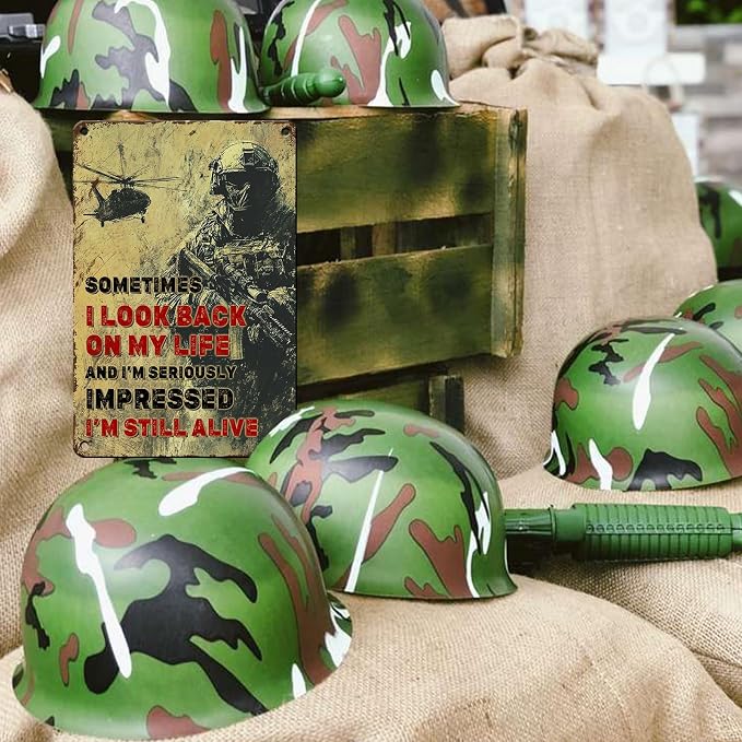 PEACHGARDEN Veteran Soldier Army Retro Metal Tin Sign Sometimes I Look Back On My Life and I'm Seriously Wall Decor Metal Poster Wall Art Poster Anniversary Decor 8x12inch