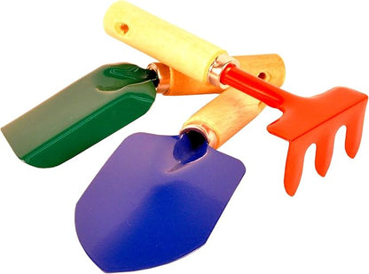 JustForKids Kids Gardening Tool Set, 3 Pack STEM Educational Garden Kit with Hand Rake, Shovel, Trowel & Canvas Tote, Outdoor Toys & Gift for Toddlers Boys Girls Ages 3-8