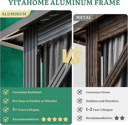YITAHOME 12x16ft Hardtop Gazebo with Nettings and Curtains | Heavy Duty Double Roof Galvanized Steel Outdoor Combined of Vertical Stripes Roof for Patio, Backyard, Deck, Lawns, Gray