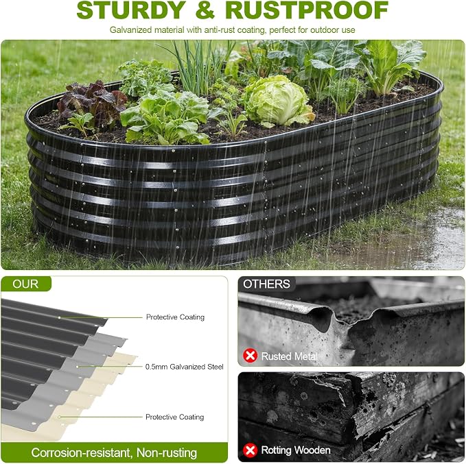 24" Tall Galvanized Raised Garden Bed Outdoor, 8x4x2ft Deep Metal Planter Box with Safety Edging & Support Bars, Large Oval Raised Beds for Gardening Plants Vegetables Herbs Flowers (Dark Grey)