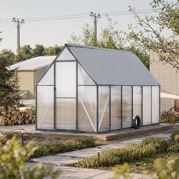 CABIHOME 8x12 FT Outdoor Greenhouse, Polycarbonate Greenhouse with Roof Vent and Ground Nails, Aluminum Large Walk-in Green House w/ Lockable Push Door for Outdoor Garden (Black, 6x11 FT)