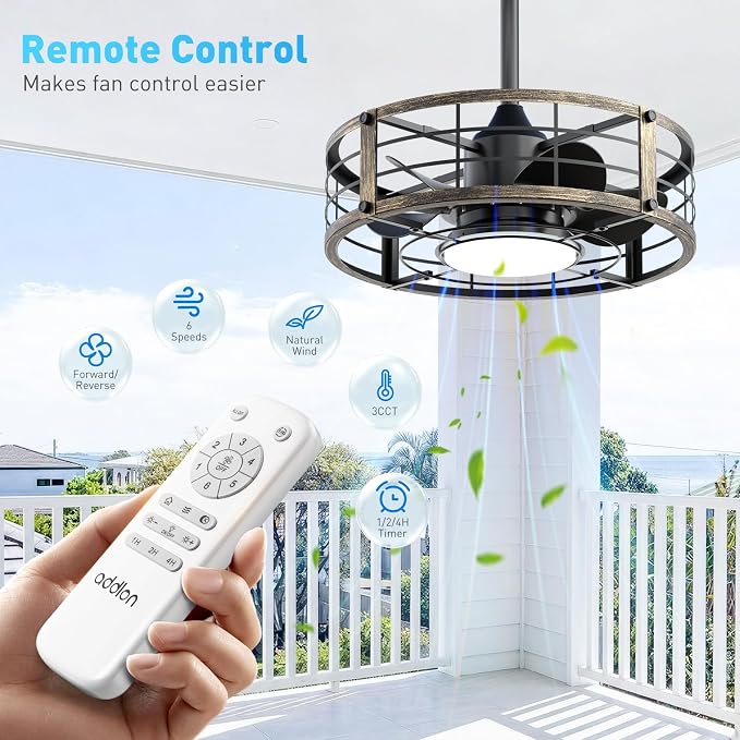 addlon 20 Inch Outdoor Ceiling Fans with Lights, IP65 Waterproof Plug in Caged Hanging Fan for Gazebo, Remote Control, 3 CCT, 6 Speeds Reversible Outdoor Fan for Patio, Pergola, Porch