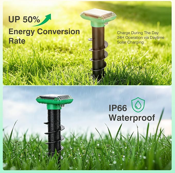 Mole Repellent Solar Powered, Snake Repellent for Yard, Squirrel Repellent Outdoor, Ultrasonic Deterrent Stakes, Get Rid for Gopher, Vole, Deer, Groundhog for Lawns Garden, 4 Pack, Green