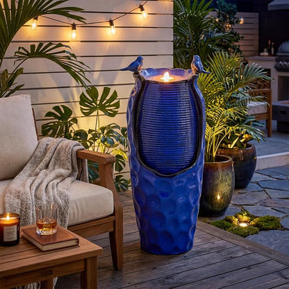 Autodaya 33" Vase Ceramic Outdoor Water Fountain with Lights and Birds | cobalt blue glazed water feature with textured design, ambient soothing cascading water flow for garden patio yard sanctuary