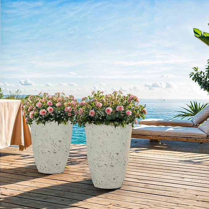19.5" Tall Resin Planters Set of 2, Faux Birch Bark, White | Resin flower pot, weather and fade resistant, pre-drilled drainage with plugs,Heavy-Duty,indoor outdoor, porch patio garden