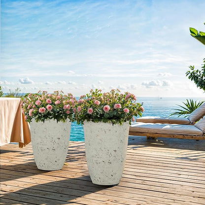 19.5" Tall Resin Planters Set of 2, Faux Birch Bark, White | Resin flower pot, weather and fade resistant, pre-drilled drainage with plugs,Heavy-Duty,indoor outdoor, porch patio garden