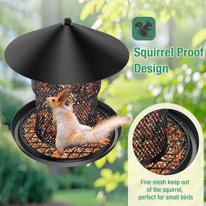 Bird Feeder for Outdoor Hanging, No Mess No Spill and Squirrel Proof Feeder | Squirrel Proof Bird Feeder with Catch Tray - Large Capacity All-Metal for Outside Hanging