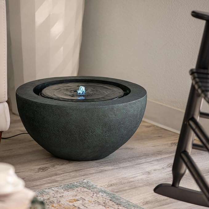 XBrand 9.65" H Round Sphere Water Fountain Indoor/Outdoor with LED Light, Polyresin Bubbler Feature for Patio, Yard, Home Décor - Dark Green, Tranquil Serene Garden Accent
