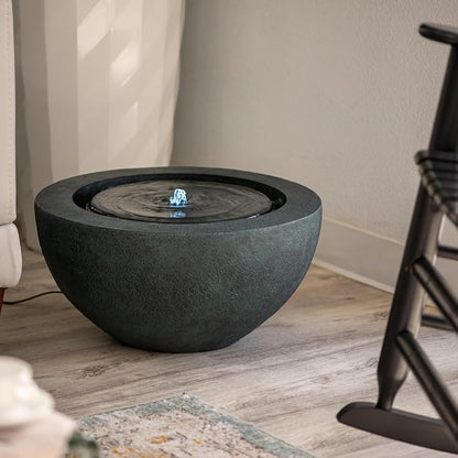 XBrand 9.65" H Round Sphere Water Fountain Indoor/Outdoor with LED Light, Polyresin Bubbler Feature for Patio, Yard, Home Décor - Dark Green, Tranquil Serene Garden Accent