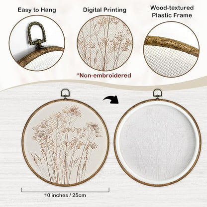 TLESKE Beige Rustic Fall Botanical Round Wall Art Decor, Boho Autumn Wildflower Floral Framed Canvas Prints Wall Art Artwork, Neutral Vintage Wall Hanging Door Decor Decorations for Bedroom Living Room Farmhouse 10x10