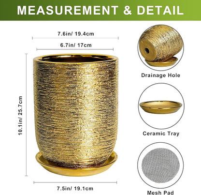 Indoor Plant Pot 8 Inch - Ceramic Planter for Indoor Outdoor Flowers, Round Modern Flower Pot with Drainage Hole and Saucer, Gifts for Plants Lovers, Garden Room Decor, Gold