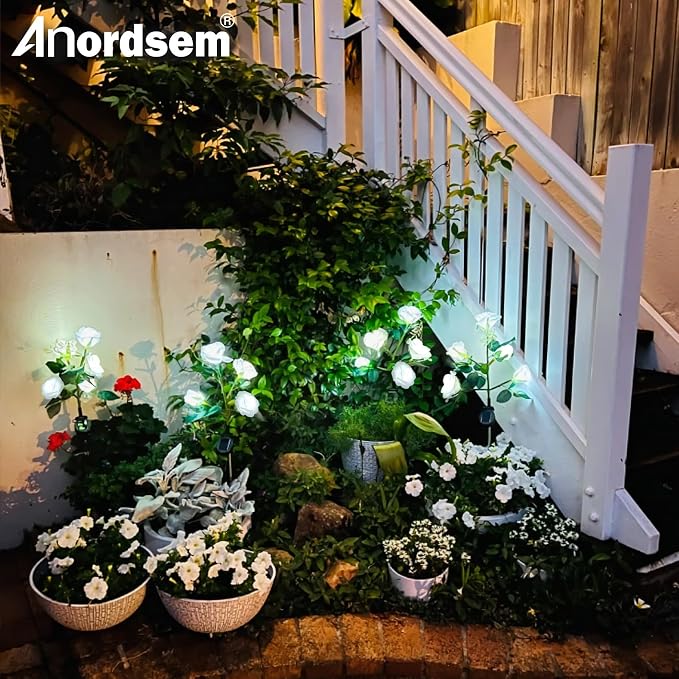 Anordsem Solar Garden Lights Outdoor: 10 Waterproof Fabric Roses 2 Pack - White LED Flower Decorations for Yard Patio Path Cemetery Grave - Mother 's Day Gift for Her Women Mom Wife