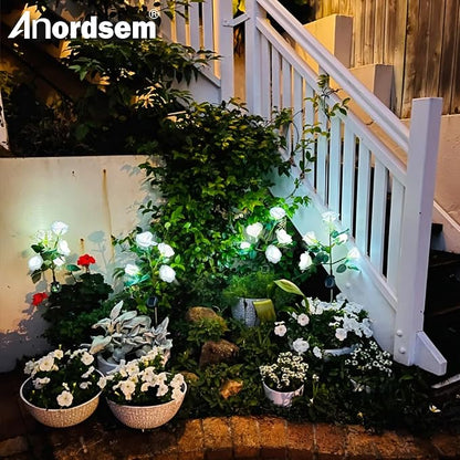 Anordsem Solar Garden Lights Outdoor: 10 Waterproof Fabric Roses 2 Pack - White LED Flower Decorations for Yard Patio Path Cemetery Grave - Mother 's Day Gift for Her Women Mom Wife