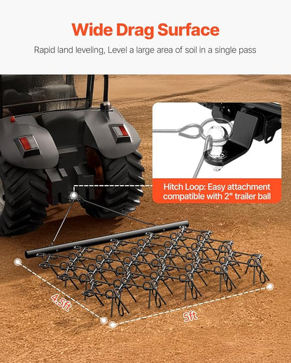 VEVOR Drag Harrow,5 ft x 4.5 ft Durable Chain Harrow with 60 Sharp Teeth,Suitable for ATV UTV Tractor, Ideal for Soil Preparation, Seeding, Smoothing Landscapes, and Yard Gravel Driveway Maintenance