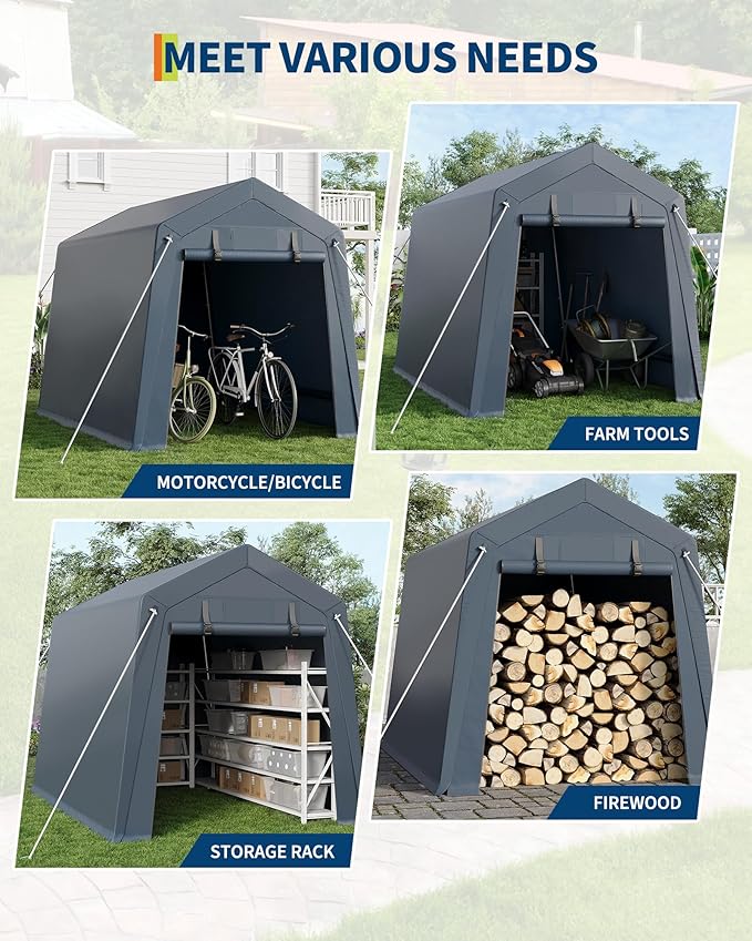 6 x 8 ft Bike Shed ATV Storage Tent Portable Storage Shed Outdoor Carport Tarp Sheds with Roll-Up Door for Motorcycle, Car, Garden Tools Grey