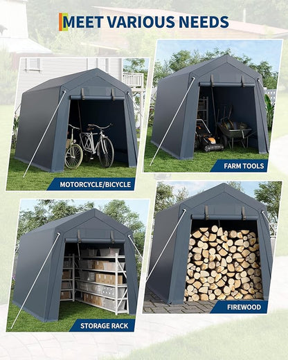 6 x 8 ft Bike Shed ATV Storage Tent Portable Storage Shed Outdoor Carport Tarp Sheds with Roll-Up Door for Motorcycle, Car, Garden Tools Grey