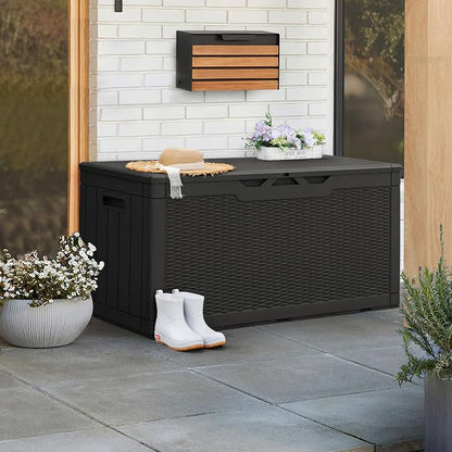 Greesum 100 Gallon Resin Patio Storage Box for Garden Tools, Outdoor Furniture Cushions, Pool Supplies, Black