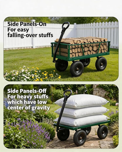 GarveeTech 800LBS Heavy Duty Steel Garden Cart, Garden Wagon Cart on Wheels, Metal Yard Utility Wagon with Removable Mesh Sides, 10" All Terrain Tires, 180° Rotating Handle for Lawn, Garden, Farm
