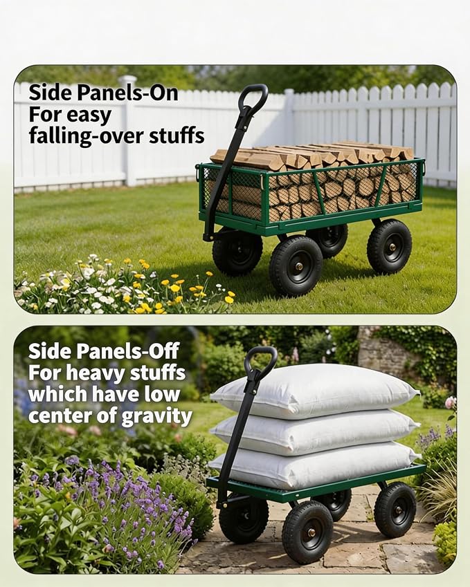 GarveeTech 1200LBS Heavy Duty Steel Garden Cart, Garden Wagon Cart on Wheels, Metal Yard Utility Wagon with Removable Mesh Sides, 13" All Terrain Tires, 180° Rotating Handle for Lawn, Garden, Farm