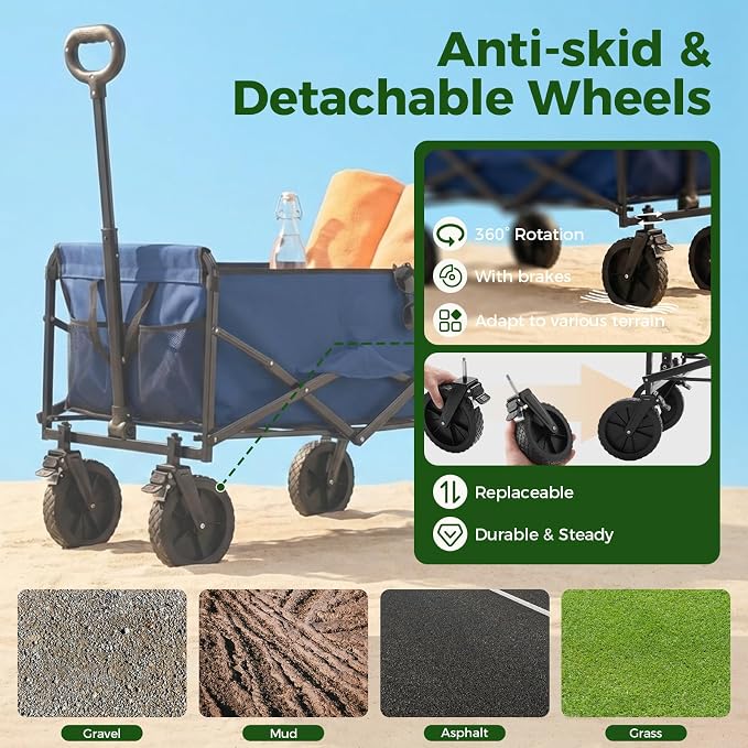 DUMOS Collapsible Wagon Cart, Heavy Duty Foldable Utility Wagon with Lockable Brake Wheels – 330 lbs Capacity, Flexible Handle for Beach, Garden, Sports, Grocery & Camping, Blue