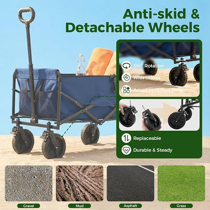 OLIXIS Collapsible Wagon 102L Standard Heavy Duty Utility Folding Wagon Cart with Lockable Brake Wheels – 330 lbs Weight Capacity, Flexible Handle for Beach, Grocery, Camping, Sports & Garden, Blue