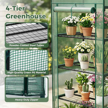 NEWBULIG Mini Greenhouse with Durable PE Cover Roll-up Zipper Door 4 Tier, 27"x19"x63" Small Greenhouse for Outdoors Indoor Balcony, Porch, Garden, Patio, Backyard Green Houses, Green