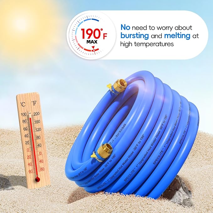SPECILITE Hot/Cold Garden Water Hose 25 ftx 1 in, -50℉ To 190℉, Heavy Duty, Flexible, Burst 605 Psi, Lightweigh, Upgraded Rubber Pipe with 3/4" Brass Fittings For Backyard, Outdoor, Farm, Blue