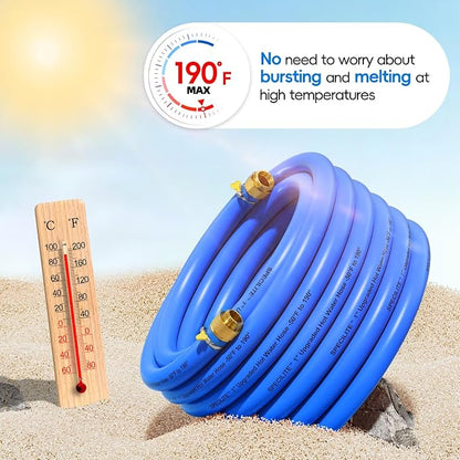 SPECILITE Hot/Cold Garden Water Hose 25 ftx 1 in, -50℉ To 190℉, Heavy Duty, Flexible, Burst 605 Psi, Lightweigh, Upgraded Rubber Pipe with 3/4" Brass Fittings For Backyard, Outdoor, Farm, Blue