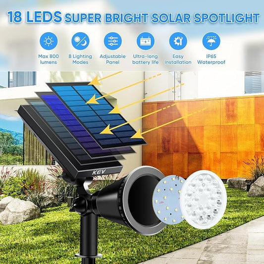 KEV Solar Spot Lights Outdoor,18 LEDs Color Changing RGB Solar Flood Lights with 8 Modes &IPX65 Waterproof,Halloween Solar Spotlight for Driveway/Backyard/Landscape/Tree(Multicolor,2 Pack)