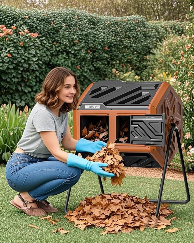 THE Growing 43 Gal Outdoor Compost Bin Tumbler with Thermometer, Orange | Dual 21.5gal chambers for backyard recycling. Pre-embedded nuts for quick assembly. Resin panels deter pests and odors.
