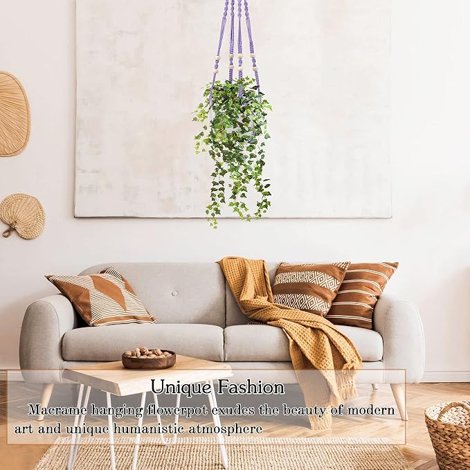 Augshy Macrame Hanging Planter, Hanging Planters for Indoor Outdoor Home Decor, Hanging Plant Holder No Tassels Set of 2 with 4 Hooks