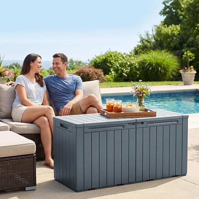 110 Gallon Deck Box Outdoor Indoor Waterproof Storage Box for Patio Furniture, Pool Accessories, Garden Tools, and Cushion Storage, Gray