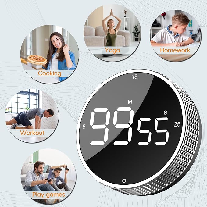 Digital Kitchen Timer - Magnetic Countdown Count Up Clock with Large LED Display, 5/15/25 Min Presets, 3 Volume Levels, Rotary Dial for Cooking, Productivity, Classroom, Fitness (1, Silver)