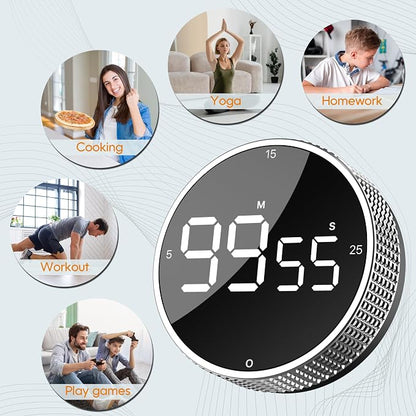 Digital Kitchen Timer - Magnetic Countdown Count Up Clock with Large LED Display, 5/15/25 Min Presets, 3 Volume Levels, Rotary Dial for Cooking, Productivity, Classroom, Fitness (1, Silver)
