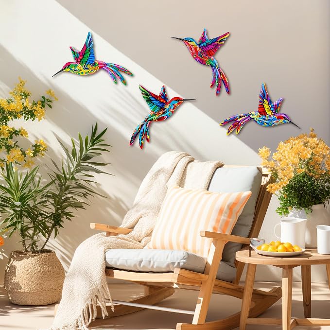 ULENDIS 4 Pack Metal Hummingbird Wall Art Decor, 3D Colorful Outdoor Wall Art Fence Decorations for Patio and Yard, Wall Sculpture Hanging Decor for Garden Living Room Balcony (C)