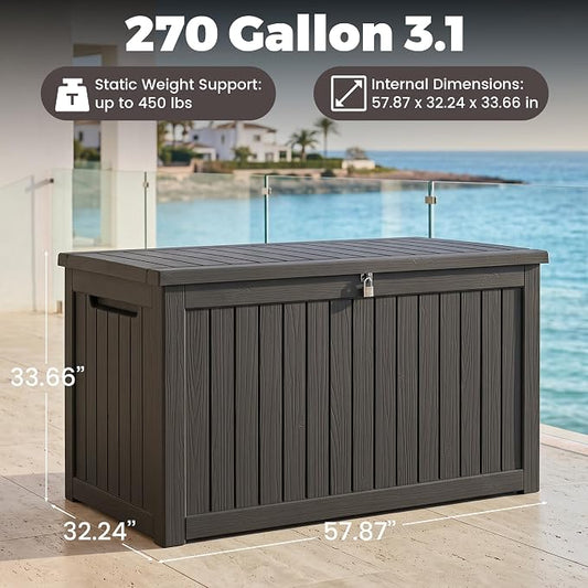 Outdoor Storage Box, 270 Gallon Waterproof Deck Box [Upgraded 3.1], Giant Resin Storage for Large Cushions, Heavy Duty Outside Lockable Bench Seat, Large Backyard Party, Black