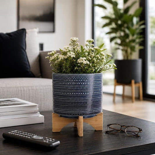 Dotted Decorative Planter Pot with Wood Stand – Ceramic Stoneware Outdoor & Indoor Plant Pot with Drainage Holes – Modern Garden & Home Decor Planters – 10", Blue