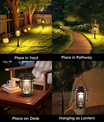Vuees 6-Pack Solar Pathway Lights, 3-in-1 Design Outdoor Garden Patio Decor | 3000K warm glow, stake, tabletop or hanging setup, no wiring, rain-ready build, walkway, poolside and deck placement