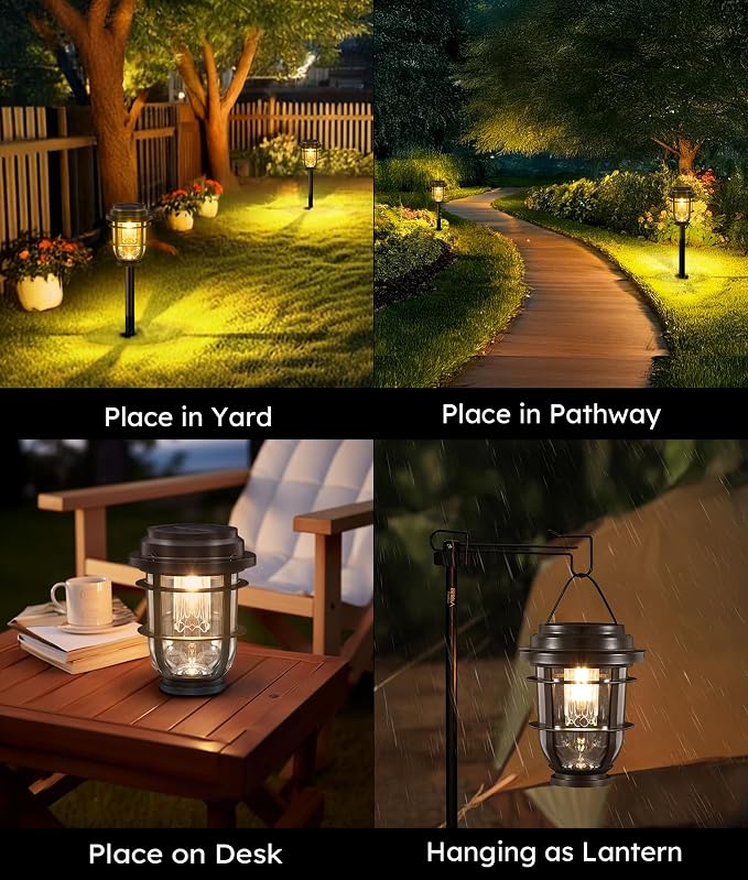 Vuees 8-Pack Solar Pathway Lights, 3-in-1 Design Outdoor Garden Patio Decor | 3000K warm glow, stake, tabletop or hanging setup, no wiring, rain-ready build, walkway, poolside and deck placement